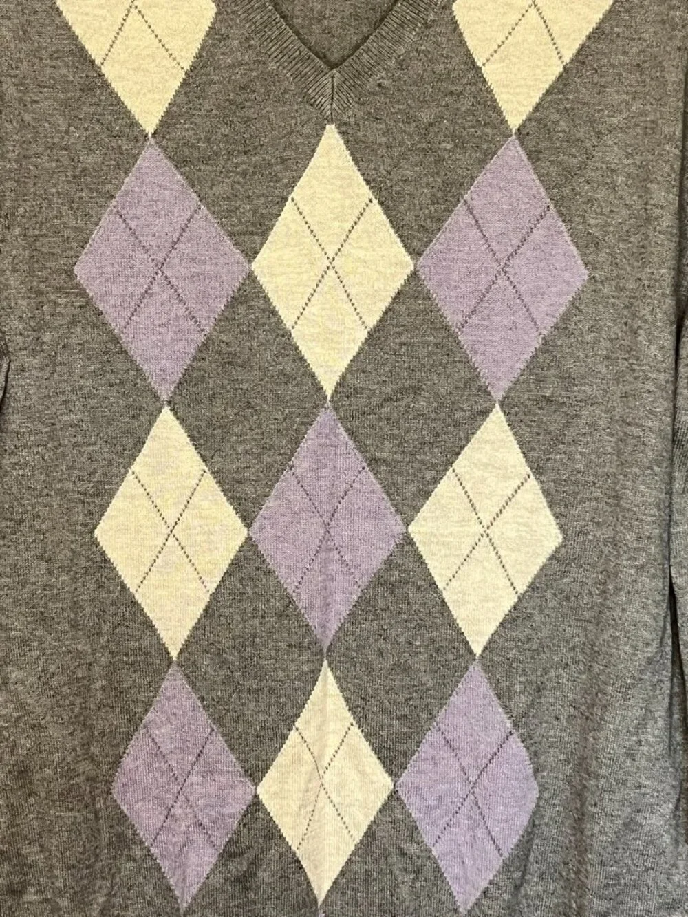 Banana Republic Men's V-Neck Sweater Gray Purple Argyle Cotton Cashmere XL